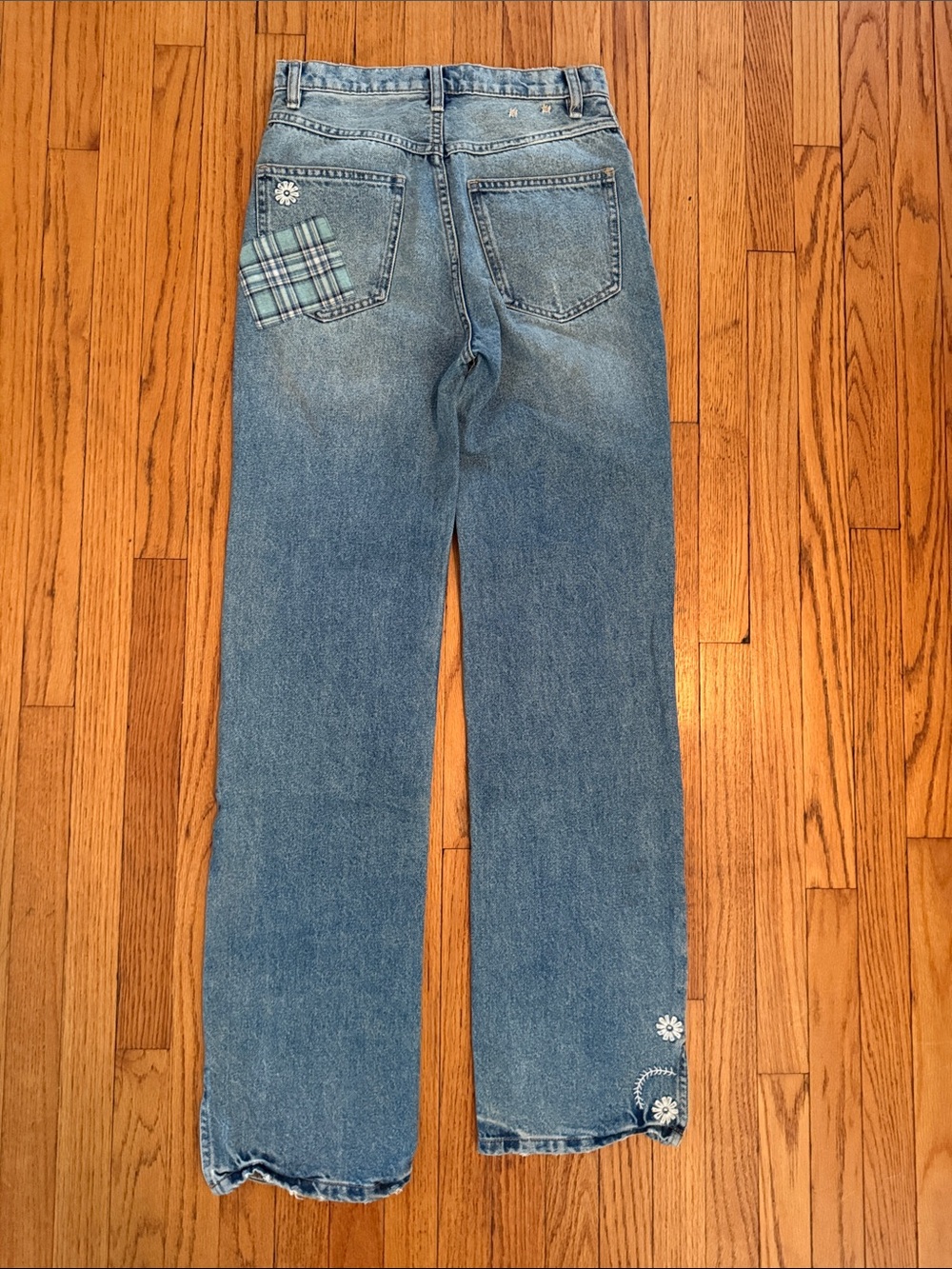 Free People Patchwork Straight-Leg Jeans in Mixed Blue Tones - Picture 2 of 3